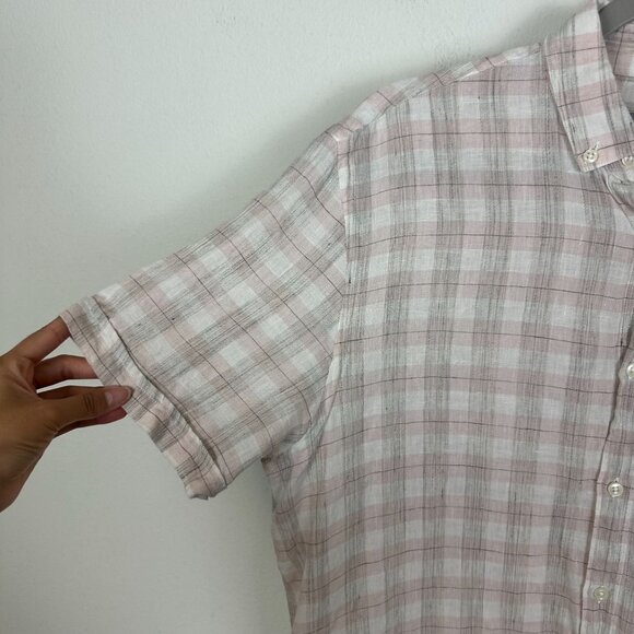 Zara Man Linen Blend Button Down Shirt M Pink Plaid Minimalist Contemporary - Picture 3 of 10